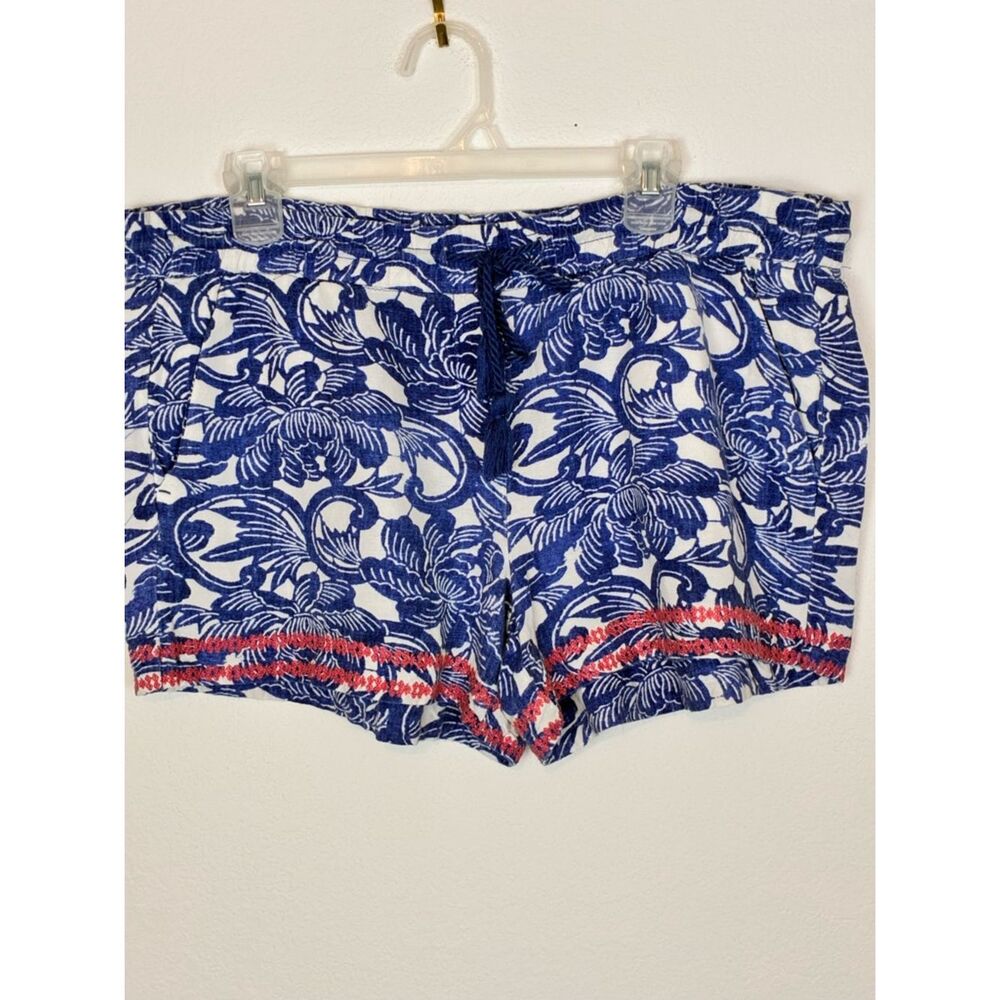 LOFT Blue Floral Drawstring Shorts w/ pink embroidery & pockets